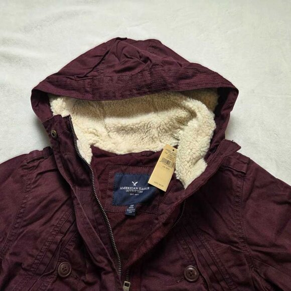 New XXS American Eagle hooded waxed cotton parka in Burgundy - Picture 4 of 8